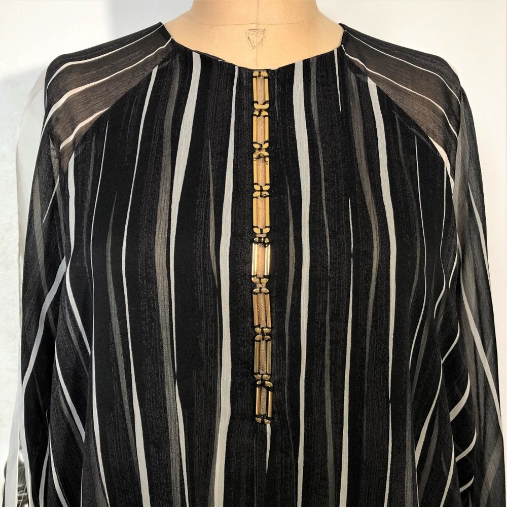 Halston Heritage Striped Crinkle Chiffon square link detail shift dress - Picture 5 of 16